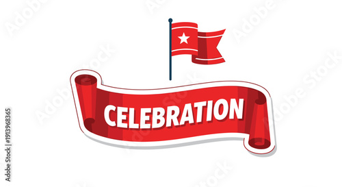 A festive red banner with the word CELEBRATION and a matching flag featuring a star on a white background.