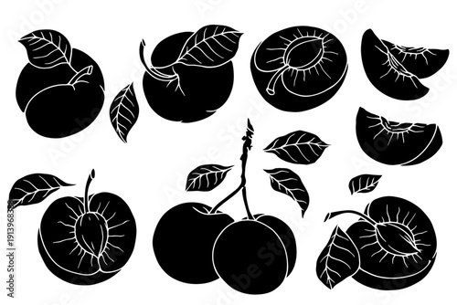 A collection of silhouettes and stamps of seasonal fruits, plums, and fruit slices. Simple vector elements.