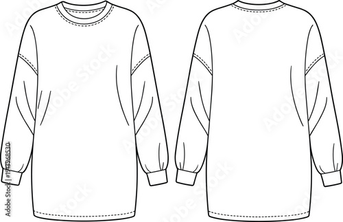 Technical fashion flat sketch of long sleeve crew neck dress with relaxed fit cuffs, front and back view illustration
