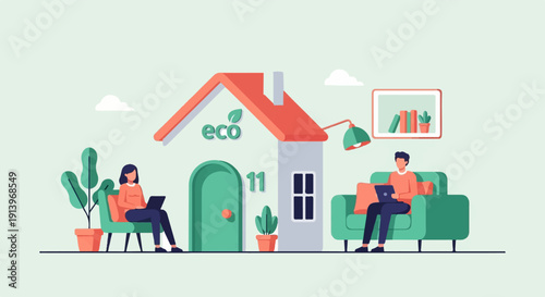 Two people using laptops in a cozy eco-friendly home