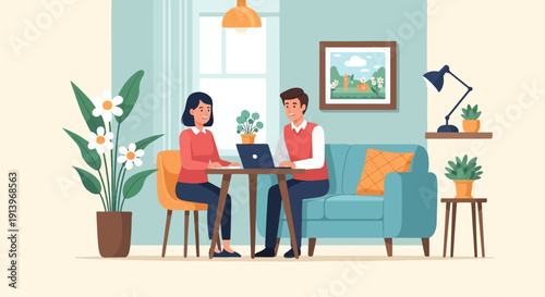 Two people working on a laptop at a table in a cozy living room with plants