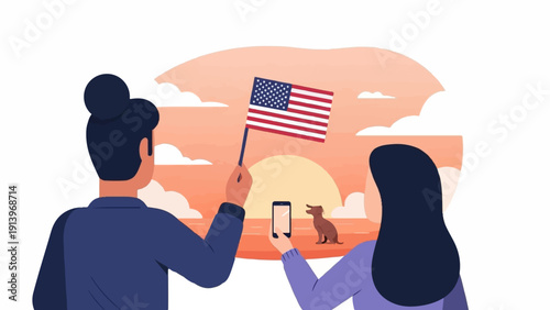 Two people with a dog watch a sunset with the American flag