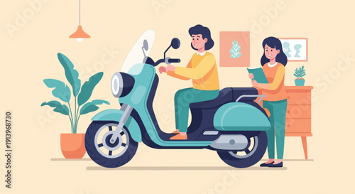 Two people with a scooter inside a room with plants