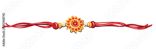 Rakhi festive bracelet with red threads, floral ornament, beads, traditional design, symbolic rakhi accessory for celebration, cultural holiday detail, cartoon doodle vector illustration