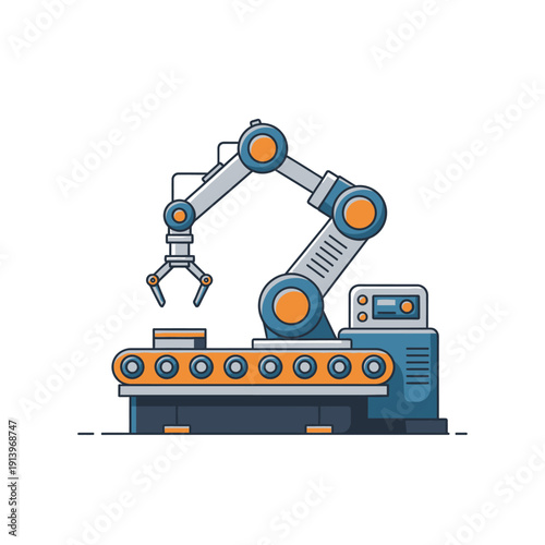 Industrial robotic arm on conveyor belt, modern automation concept