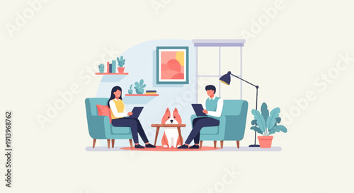 Two people with laptops and a dog in a cozy living room