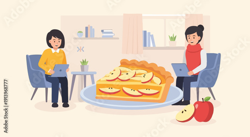Two people with laptops enjoy apple pie in a cozy room