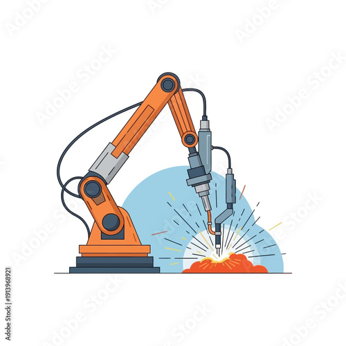 Industrial robotic arm welding metal with sparks, automation concept