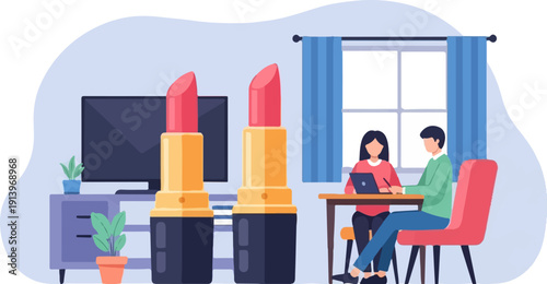 Two people work at a table with lipstick and a television in the room