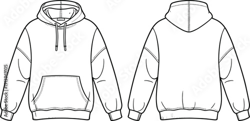 Technical fashion flat sketch of oversized hooded sweatshirt hoodie with kangaroo pocket, ribbed cuffs, front and back view