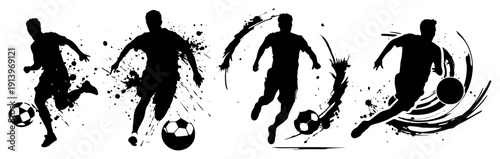 Soccer players silhouettes set with dynamic ink splatters, football athletes in action poses, competitive sports people collection vector illustrations