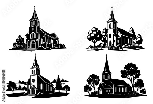 Church silhouettes set with rural landscape and trees, christian chapel architecture in countryside, religious building vector illustrations
