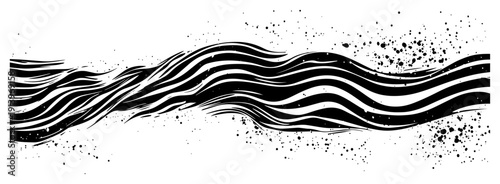 Abstract wavy lines with ink splatters and dots, dynamic flowing water or wind energy vector, decorative ripple pattern for modern graphic design