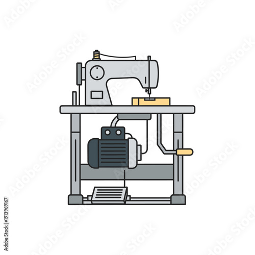 Industrial Sewing Machine with Motor and Foot Pedal - Vector Illustration