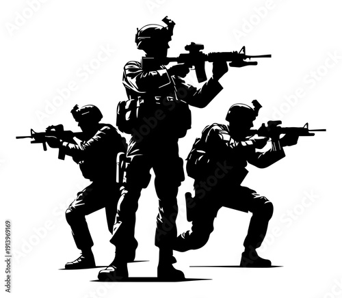 Military soldiers silhouettes set in tactical action, army infantry team with rifles illustration, special forces combat mission vector graphics