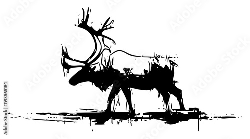 Artistic reindeer silhouette with paint splatters, creative wild elk or stag illustration, grungy nature animal vector design, abstract woodland creature art