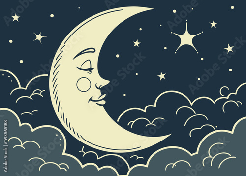 A serene night sky with a crescent moon and scattered stars above fluffy clouds isolated on transparent background, isolated on white background, Vector