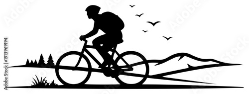Mountain biker silhouette in landscape with mountains and birds, cycling adventure in nature scene, outdoor sport and active lifestyle vector