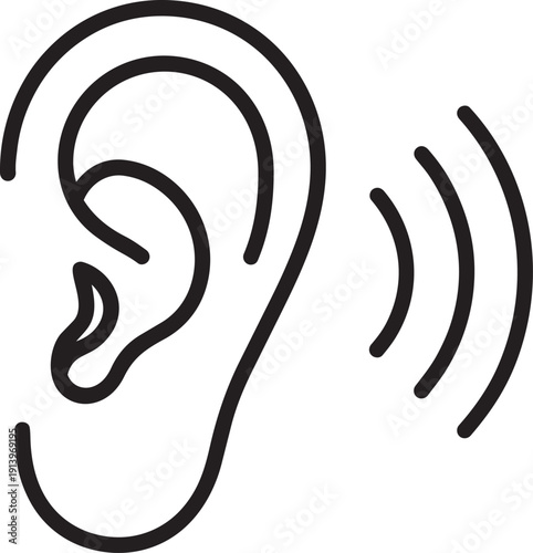 Human ear icon with sound waves representing listening skills and audio comprehension in language learning