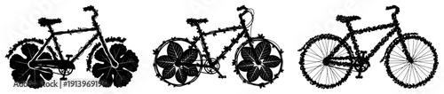 Bicycle silhouettes decorated with flowers and leaves set, floral bike concept art, eco friendly transport and nature celebration vector design