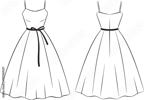 Technical fashion flat sketch of sleeveless spaghetti strap midi dress with waist tie, front and back view illustration