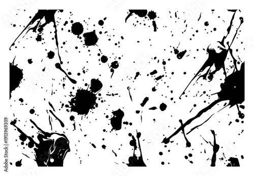Black ink splatters and spots background texture, abstract grunge paint drops pattern, messy ink stains for creative design