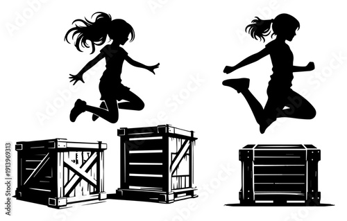 Young girl jumping over wooden crates silhouettes set, active child play and exercise poses, kid jumping in warehouse scene vector