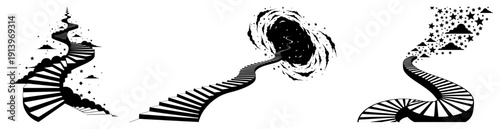 Surreal staircases leading to stars and portals, abstract path to success or dreams illustrations, mystical stairway to heaven vector design