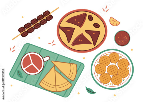 Assorted pizza slices and toppings arranged on a wooden table isolated on transparent background, isolated on white background, Vector