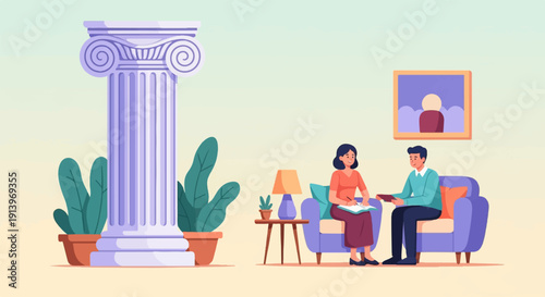 Two people sit in a room with a column and potted plants, one taking notes