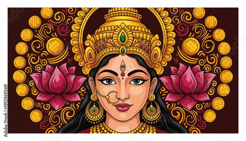 Hindu Goddess portrait with lotus flowers, elegant Indian deity illustration, spiritual divine feminine art, mythology vector design