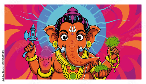 Lord Ganesha cartoon character illustration, cute Hindu deity elephant god mascot, Indian spiritual religion vector art