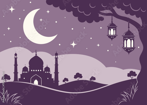 A serene night scene with a crescent moon and two minarets under a starry sky isolated on transparent background, isolated on white background, Vector
