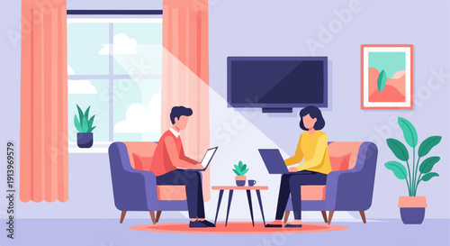 Two people sit in armchairs, each working on a laptop in a modern living room