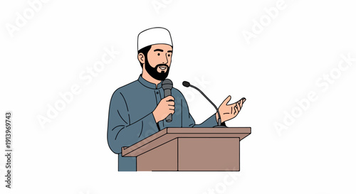 Illustration of a Muslim man wearing a taqiyah speaking into a microphone at a brown podium with a white background.