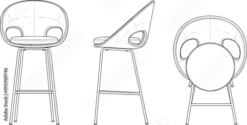 Modern sculptural bar stool technical line illustration with front side and top views vector furniture design template
