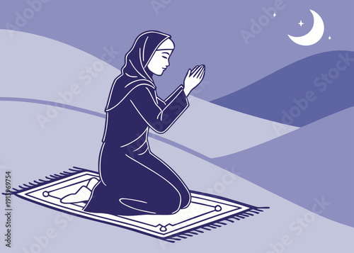 A person kneeling on a prayer mat under a starry night sky. isolated on transparent background, isolated on white background, Vector
