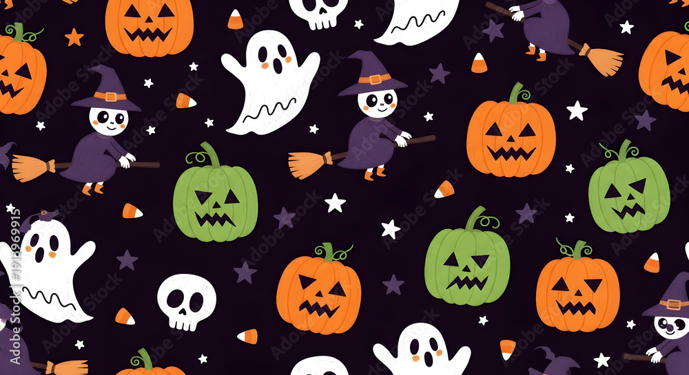 Obraz premium Halloween pattern with pumpkins ghosts and witches