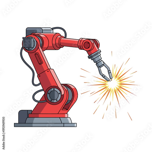 Red industrial robot arm performing welding with sparks on white background