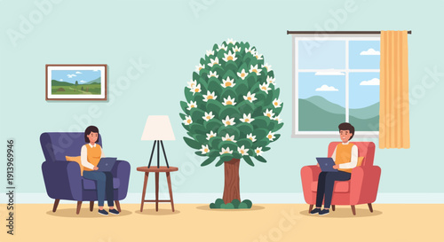 Two people sit in armchairs, each working on a laptop next to a flowering plant