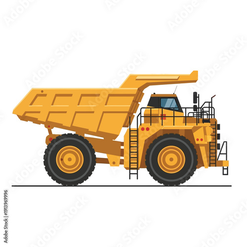Large yellow mining truck, heavy-duty vehicle used for transporting materials in mines and construction sites