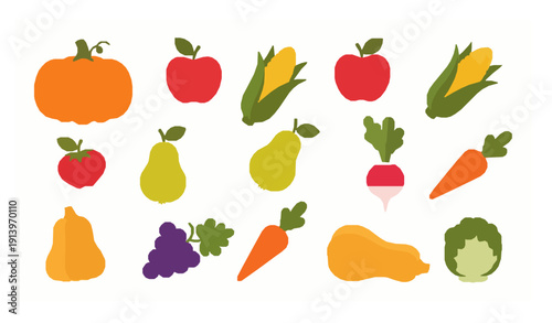Cute autumn harvest fruit and vegetable flat vector set isolated on white background