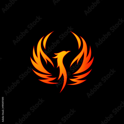 Stylized Phoenix Rising from Flames Icon.