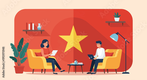 Two people sit in armchairs in a room with a star on the wall