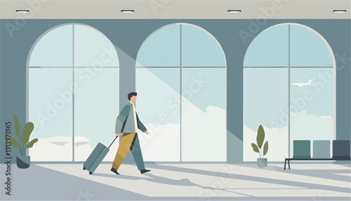 Minimal Airport Interior with Arched Architecture and Traveler – Departure Concept