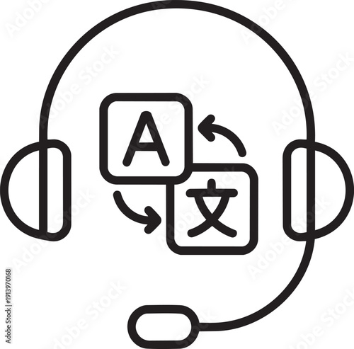 Headset icon with language symbol representing audio translation services and customer support for foreign clients