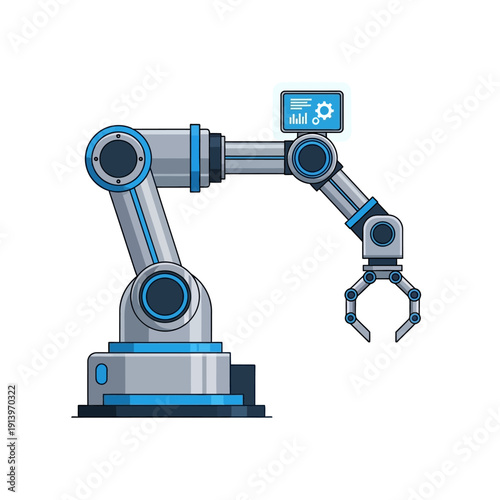 Robotic Arm with Monitor Displaying Data and Gear Icon
