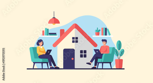 Two people work on laptops at home, a house graphic with books and plants