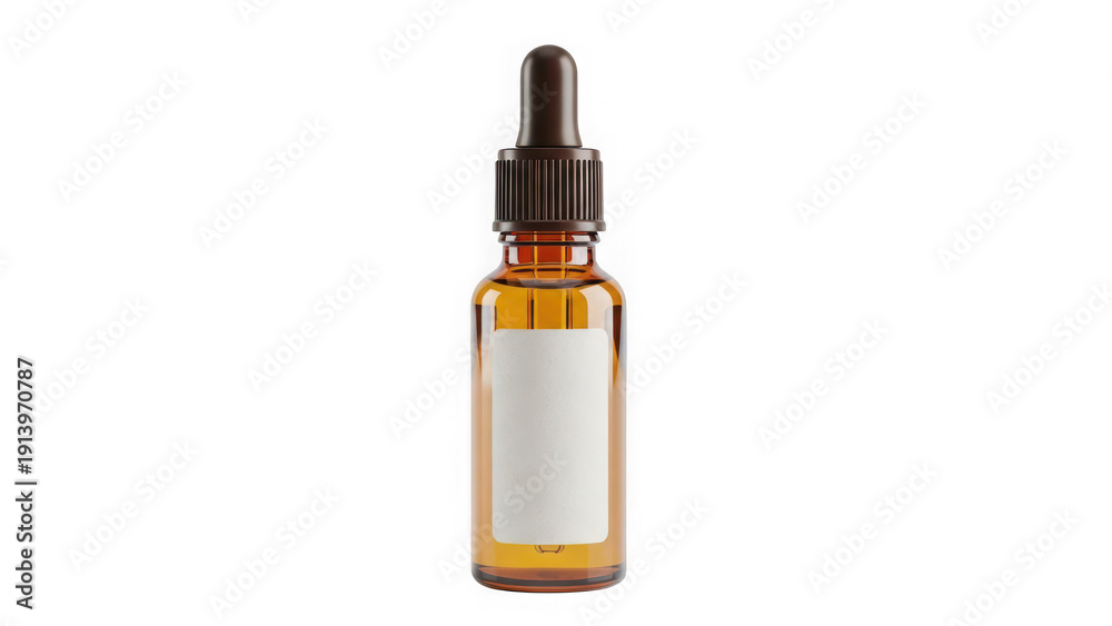 Fototapeta premium Brown glass dropper bottle with white label isolated on transparent background