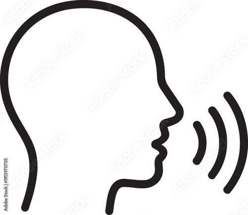 Human head profile speaking with sound waves representing oral communication practice and speech therapy sessions
